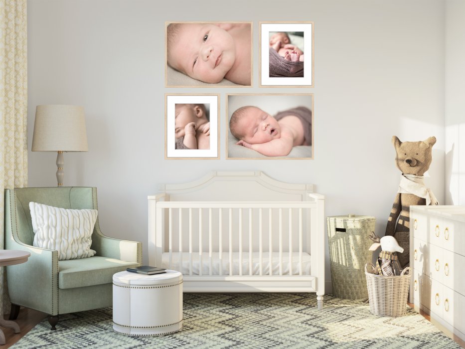 newborn wall art gallery in stylish baby nursery family and pet portraits by Krista Nutter Photography