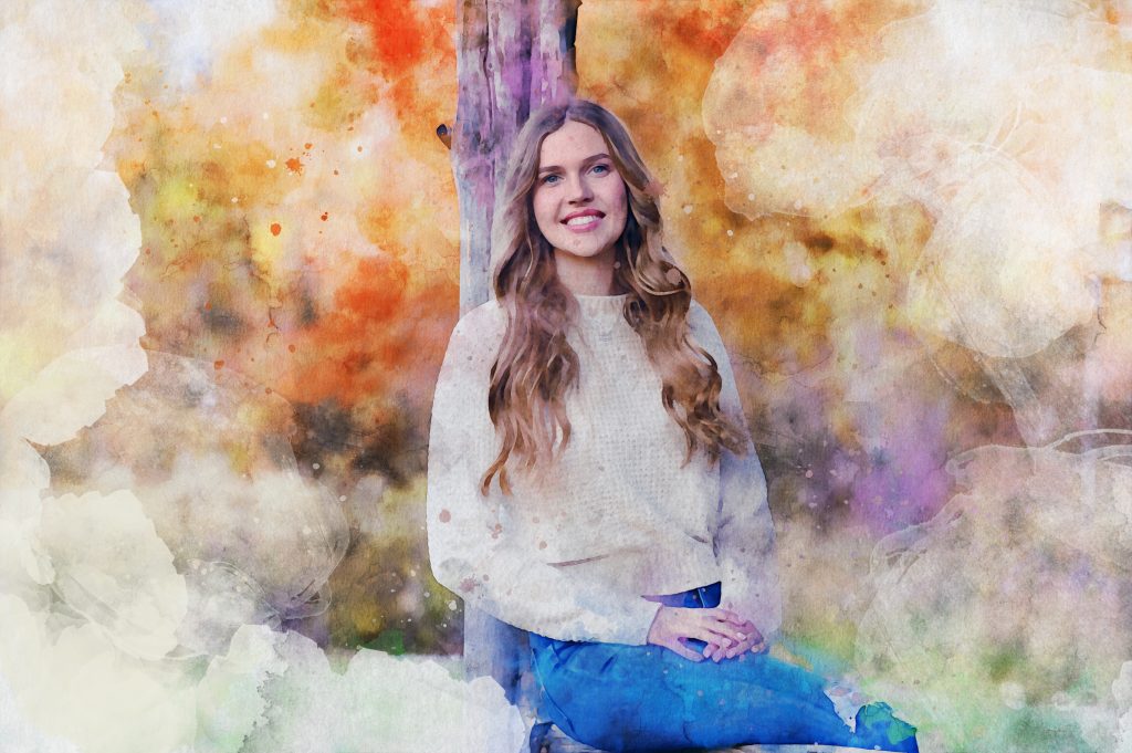 watercolor painting of senior girl sitting on a cabin portch railing with fall colors Fine Art and Painted Portraits by Krista Nutter Photography