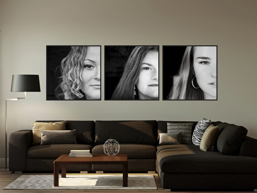 Krista Nutter Photography pricing page, portraits of three young women on a living room wall