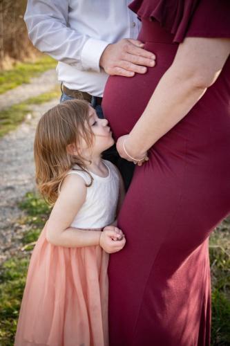 KristaNutterPhotography8501550 toddler girl kissing pregnant mom's belly family and pet portraits by Krista Nutter Photography