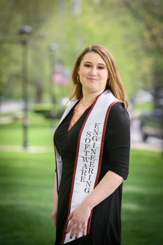 college senior girl in black dress with software engineering sash senior portrait by Krista Nutter Photography Cincinnati