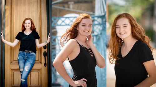 collage of three images of senior girl with long red hair in black shirt senior portrait by Krista Nutter Photography Cincinnati